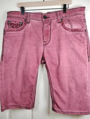 Rock Revival Trenton H6 Mens Pink Denim Shorts Size 40 Fleur De Lis Heavy Stitch